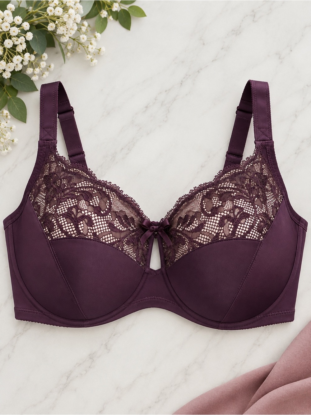 Bramour by Glamorise 42F Plum Lace Full Coverage Underwire Bra Plus Size